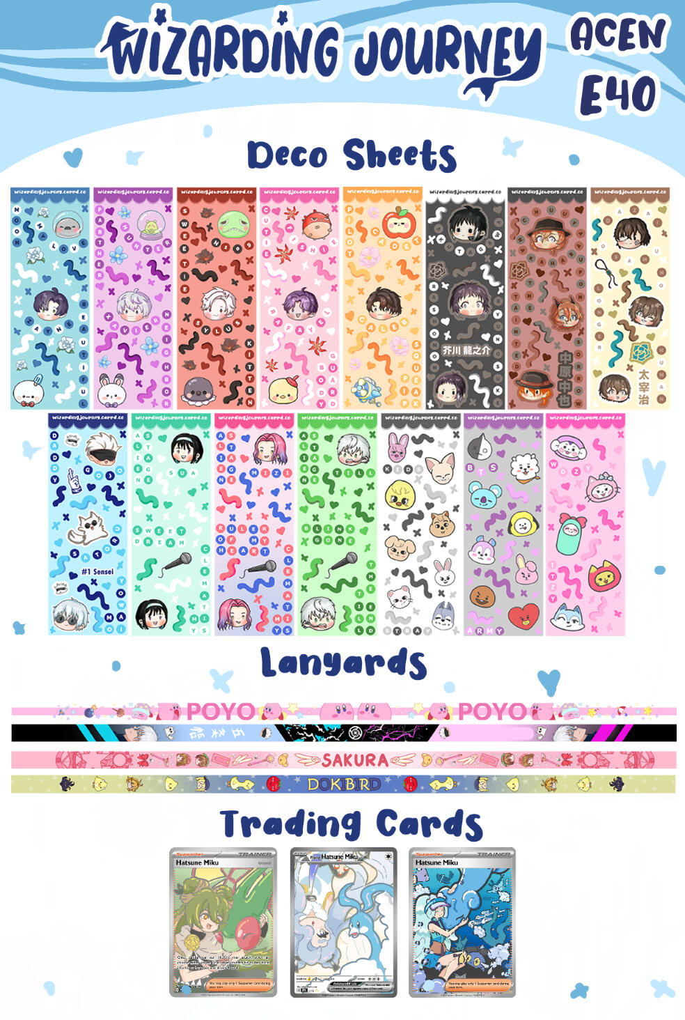 Sticker sheets, lanyards and TCG